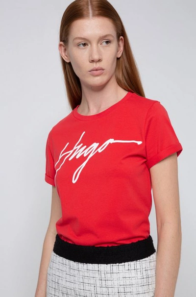 Shop Hugo Boss - Cotton Jersey T Shirt With Handwritten Logo Print - Red