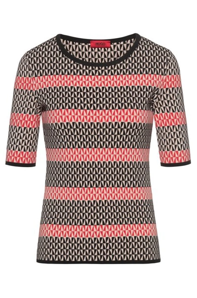 Shop Hugo Boss - Short Sleeved Knitted Sweater With Two Tone Jacquard Stripes - Patterned