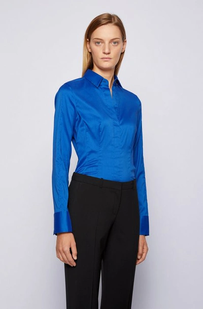 Shop Hugo Boss - Slim Fit Blouse With Darted Seam Detail - Light Blue