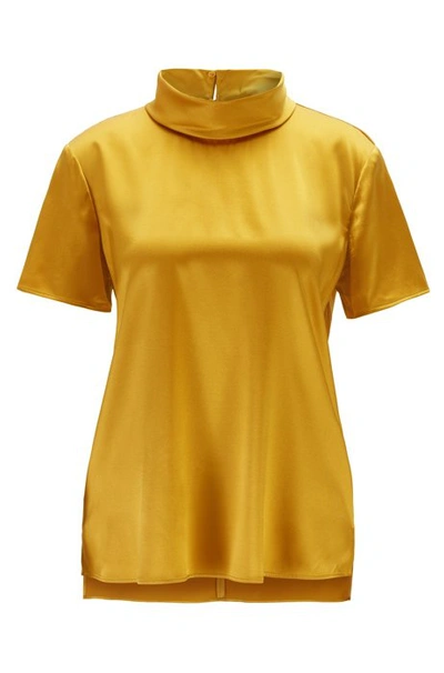Shop Hugo Boss - Mock Neck Top In Stretch Silk Satin - Dark Yellow