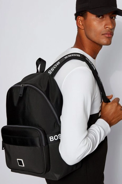 Shop Hugo Boss - Logo Backpack In Nylon And Embossed Faux Leather - Black