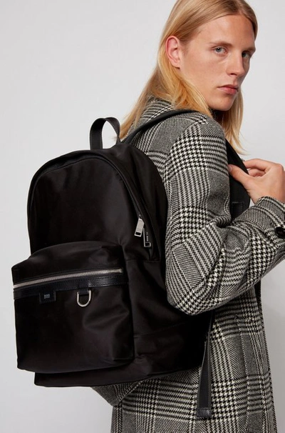 Shop Hugo Boss - Lightweight Backpack In Nylon Gabardine With Leather Trim - Black