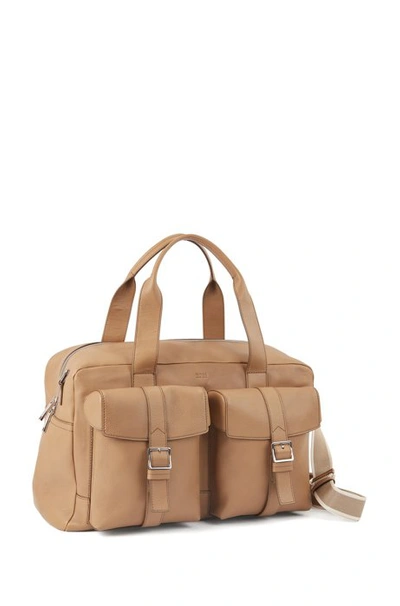 Shop Hugo Boss - Calf Leather Holdall With Twin Front Pockets - Light Beige