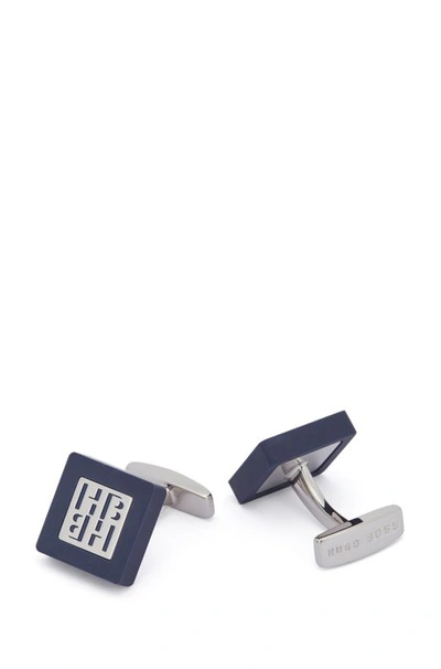Shop Hugo Boss - Square Cufflinks In Matte Enamel With New Season Monogram - Dark Blue