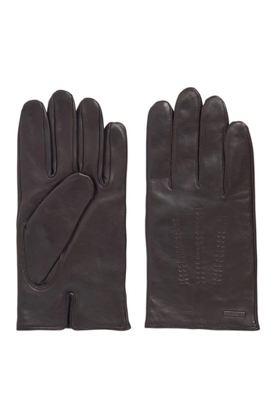 Shop Hugo Boss - Lamb Leather Gloves With Piping And Hardware Badge - Light Brown