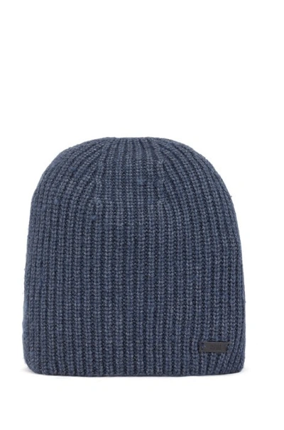 Shop Hugo Boss - Ribbed Beanie Hat With Logo Badge - Dark Blue