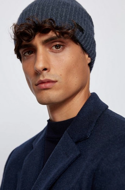 Shop Hugo Boss - Ribbed Beanie Hat With Logo Badge - Dark Blue