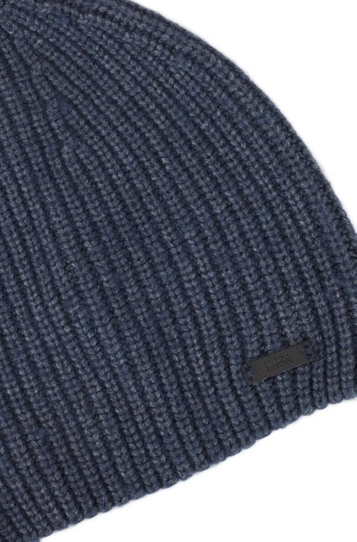 Shop Hugo Boss - Ribbed Beanie Hat With Logo Badge - Dark Blue