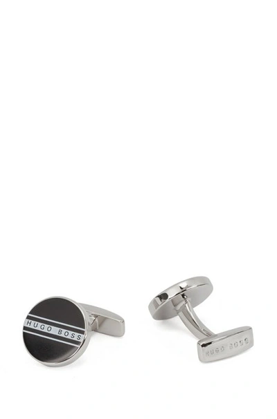 Shop Hugo Boss - Round Cufflinks With Stripe And Logo - Black