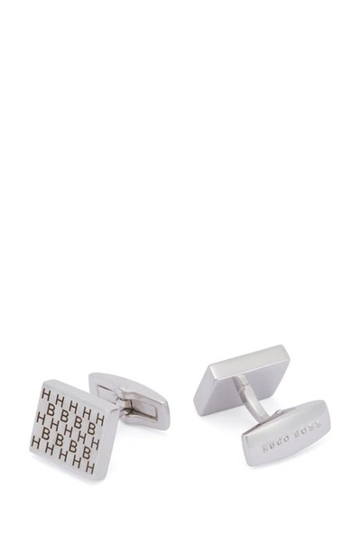 Shop Hugo Boss - Square Cufflinks In Brass With Etched Monograms - Silver