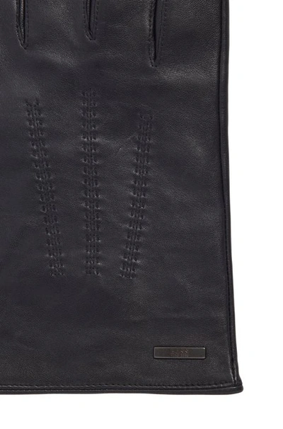 Shop Hugo Boss - Lamb Leather Gloves With Piping And Hardware Badge - Black