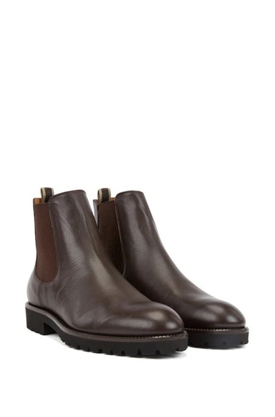 Shop Hugo Boss - Italian Made Chelsea Boots In Leather With Monogram Panels - Dark Brown