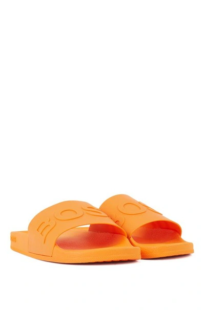 Shop Hugo Boss - Italian Made Slides With Logo Strap And Contoured Sole - Orange