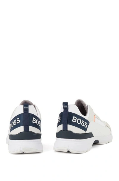 Shop Hugo Boss - Low Top Sneakers In Mixed Materials With Branded Webbing - White