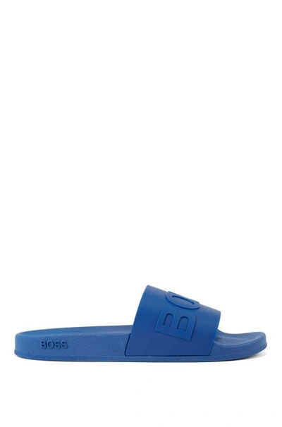 Shop Hugo Boss - Italian Made Slides With Logo Strap And Contoured Sole - Blue