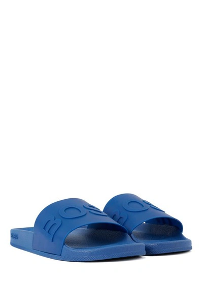 Shop Hugo Boss - Italian Made Slides With Logo Strap And Contoured Sole - Blue