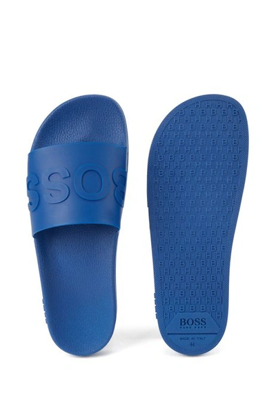 Shop Hugo Boss - Italian Made Slides With Logo Strap And Contoured Sole - Blue