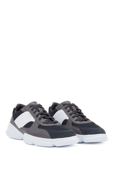 Shop Hugo Boss - Low Top Trainers In Leather With Open Mesh Panels - Open Grey