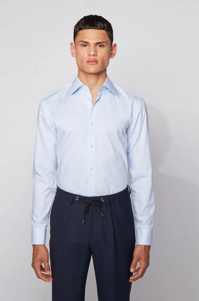 Shop Hugo Boss - Slim Fit Shirt In Striped Cotton With Aloe Vera Finish - Light Blue