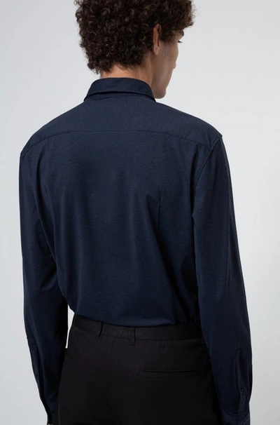 Shop Hugo Boss - Slim Fit Shirt In Melange Stretch Jersey - Dark Blue