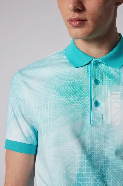 Shop Hugo Boss - Pure Cotton Polo Shirt With Gradient Digital Print - Light Blue