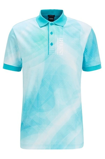 Shop Hugo Boss - Pure Cotton Polo Shirt With Gradient Digital Print - Light Blue