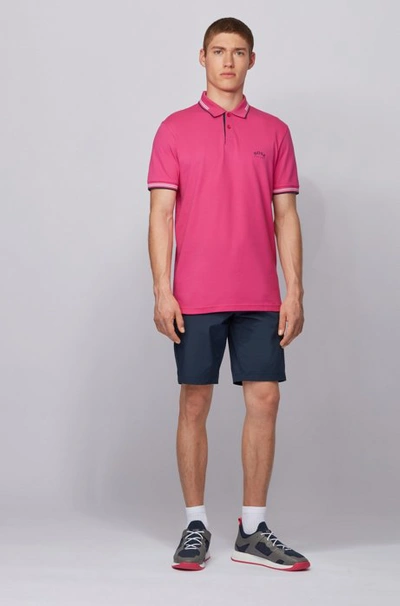 Shop Hugo Boss - Slim Fit Polo Shirt In Stretch Piqué With Curved Logo - Pink