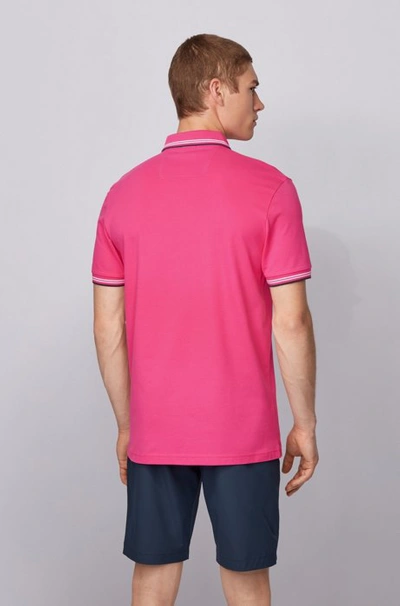 Shop Hugo Boss - Slim Fit Polo Shirt In Stretch Piqué With Curved Logo - Pink
