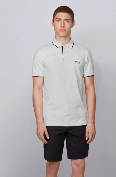 Shop Hugo Boss - Slim Fit Polo Shirt In Stretch Piqu With Curved Logo - Light Grey
