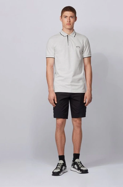 Shop Hugo Boss - Slim Fit Polo Shirt In Stretch Piqu With Curved Logo - Light Grey