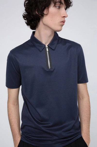 Shop Hugo Boss - Slim Fit Polo Shirt With Zip Neck - Dark Blue
