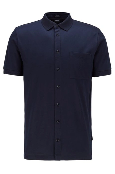 Shop Hugo Boss - Shirt Style Polo Top In Mercerized Cotton - Dark Blue