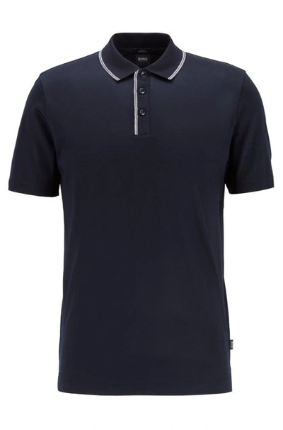 Shop Hugo Boss - Slim Fit Polo Shirt In Cotton With Tipping Stripes - Dark Blue