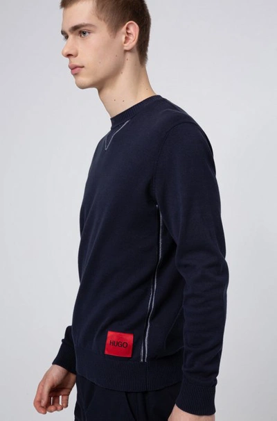 Shop Hugo Boss - Cotton Oversized Fit Sweater With Contrast Elements - Dark Blue