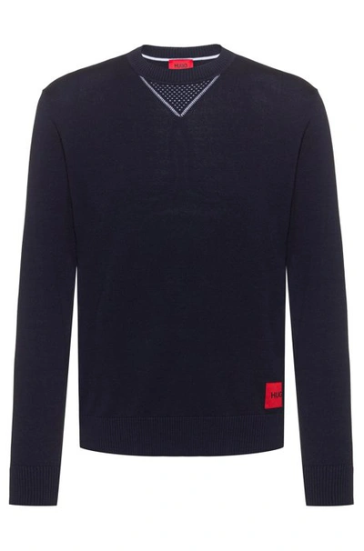 Shop Hugo Boss - Cotton Oversized Fit Sweater With Contrast Elements - Dark Blue