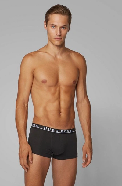 Shop Hugo Boss Three-pack Of Stretch-cotton Trunks With Logo Waistbands In Black