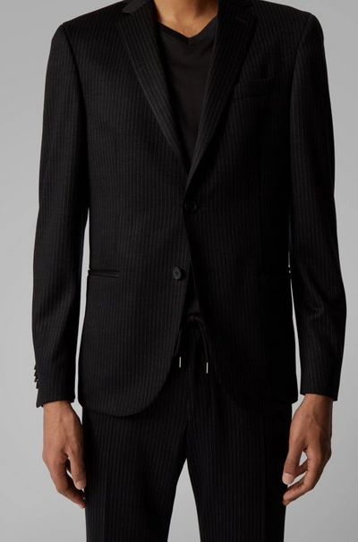 Shop Hugo Boss - Slim Fit Striped Jacket In Traceable Virgin Wool - Black