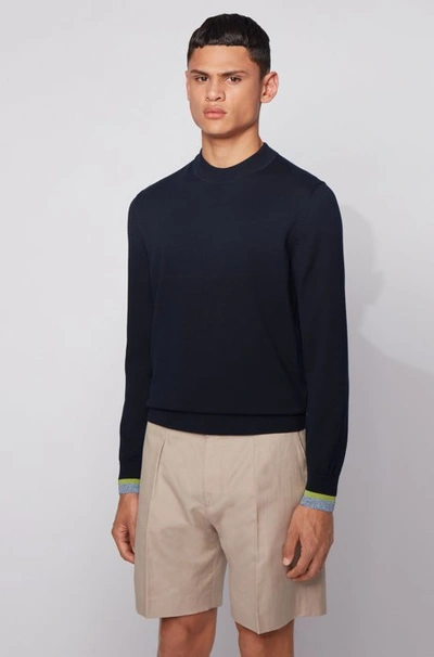 Shop Hugo Boss - Cotton Sweater With Striped Cuffs - Dark Blue