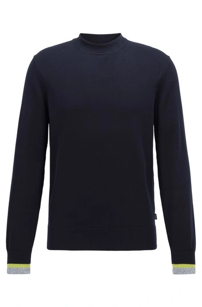 Shop Hugo Boss - Cotton Sweater With Striped Cuffs - Dark Blue