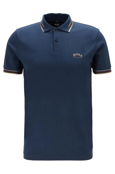 Shop Hugo Boss - Slim Fit Polo Shirt In Stretch Piqué With Curved Logo - Dark Blue