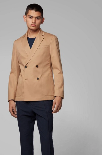 Hugo Boss - Double Breasted Slim Fit Jacket In Stretch Cotton Gabardine -  Beige | ModeSens
