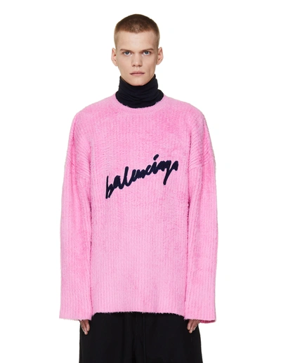 Shop Balenciaga Pink Cotton Scribble Logo Sweater In White