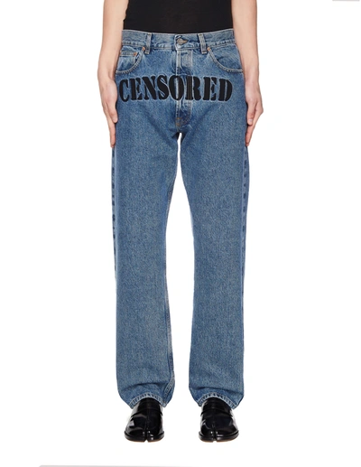 Shop Vetements Embroidered Censored Jeans In Blue