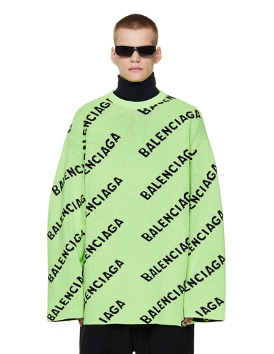 Shop Balenciaga Green Wool Allover Logo Sweater