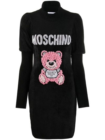 Shop Moschino Embellished Teddy Motif Knit Dress In Black