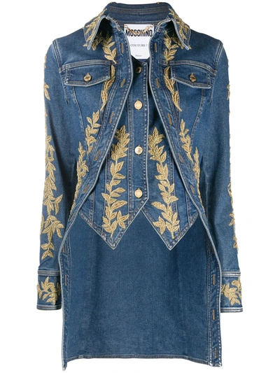 Shop Moschino Brocade-detail Denim Shirt In Blue