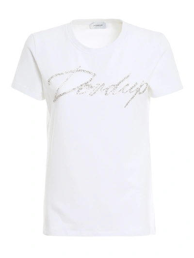 Shop Dondup Rhinestone Branded Cotton T-shirt In White