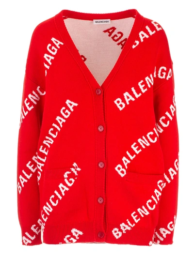 Shop Balenciaga Allover Logo Cardigan In Red
