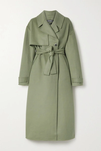 Shop Jacquemus Sabe Belted Wool-blend Felt Coat In Gray Green