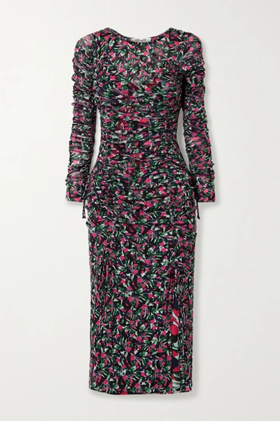 Shop Diane Von Furstenberg Corinne Ruched Floral-print Stretch-mesh And Crepe Dress In Black